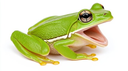 Obraz premium Bright green tree frog with open mouth, isolated on white background. Detailed view of its skin texture and vibrant color. Close up studio shot