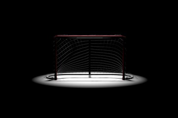 3D model of a red and white hockey goal, standing on a white surface and illuminated by a spotlight.