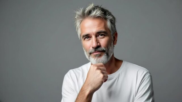 A cheerful, mature man with gray hair and a gray beard, wearing a plain white t-shirt, is pictured against a neutral gray background.