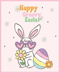 Fototapeta premium Cute Happy Groovy Easter bunny with retro egg Playful cartoon doodle animal hand drawing.