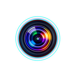 Fototapeta premium Camera lens holographic 3D icon. neon symbol vector illustration isolated on white background. Generative AI