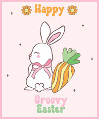 Fototapeta premium Cute Happy Groovy Bunny bunny Playful cartoon doodle animal hand drawing.
