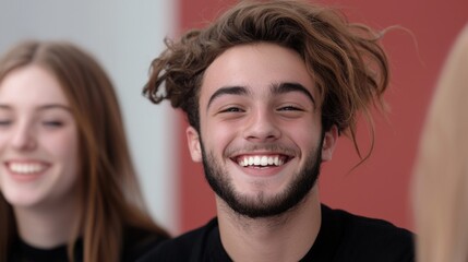 Teenagers enjoying a lively conversation in a casual setting with cheerful expressions and engaging smiles at a creative workspace