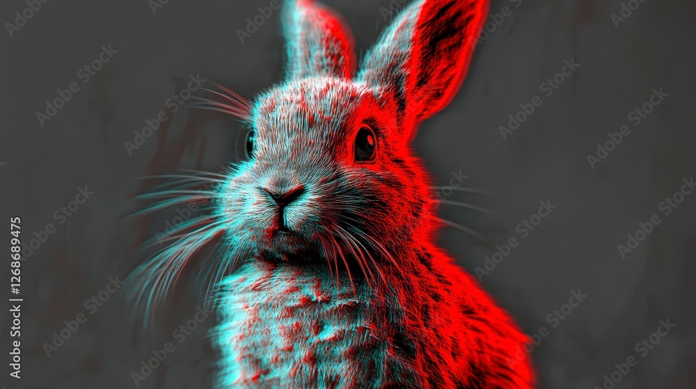 Poster close up view of a rabbit, stylized with a red and cyan visual effect, against a dark gray backgroun
