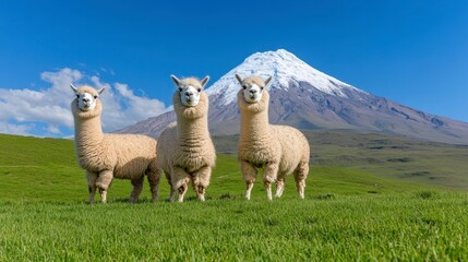 Fototapeta premium Three fluffy alpacas stand in a vibrant green pasture, a snow capped mountain providing a dramatic backdrop under a clear blue sky. The scene is