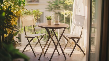 Obraz premium Cozy Balcony Oasis: Small Table & Folding Chairs for Morning Coffee 2