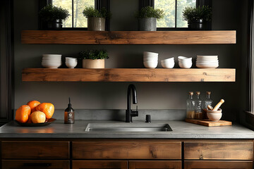 Rustic Wooden Shelving With Gray Countertop Kitchen Interior
