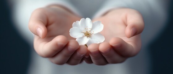 Hands gently cradling a delicate white flower against a soft background in a serene and peaceful moment of connection with nature