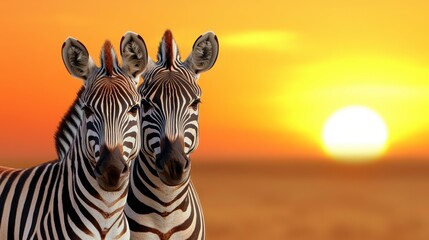 Naklejka premium Two zebras stand close together against a vibrant sunset, their black and white stripes contrasting with the warm orange and yellow hues of the sky