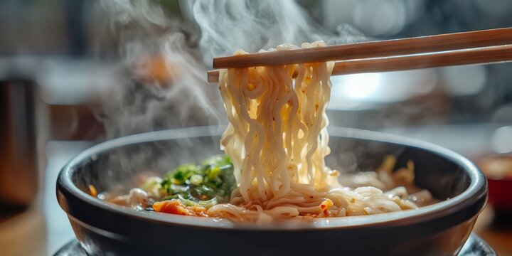 Chopsticks lifting steaming noodles from bowl of korean ramyun