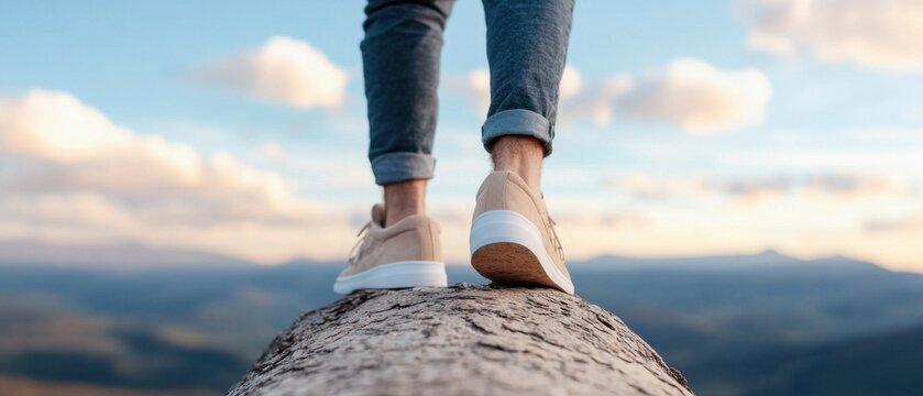 Individual stands on a log overlooking mountains during sunset while wearing light sneakers and denim jeans