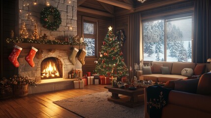 Cozy Christmas Living Room with Fireplace and Stocking Decor 2