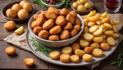 Tasty fried nuggets and potatoes on a table