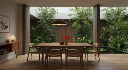 Fototapeta premium Inviting Dining Room with Garden View and Natural Light Setting