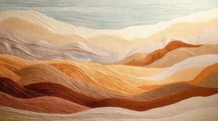 Fototapeta premium Textured yarn desert landscape, flowing sand dunes, vibrant woven sky tones, a harmonious blend of color and form.