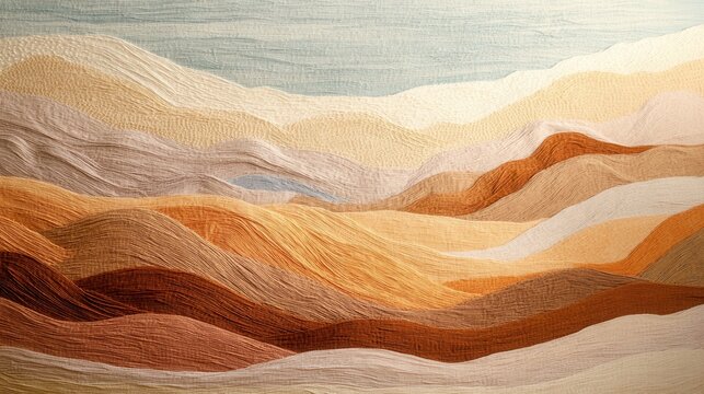 Textured yarn desert landscape, flowing sand dunes, vibrant woven sky tones, a harmonious blend of color and form.