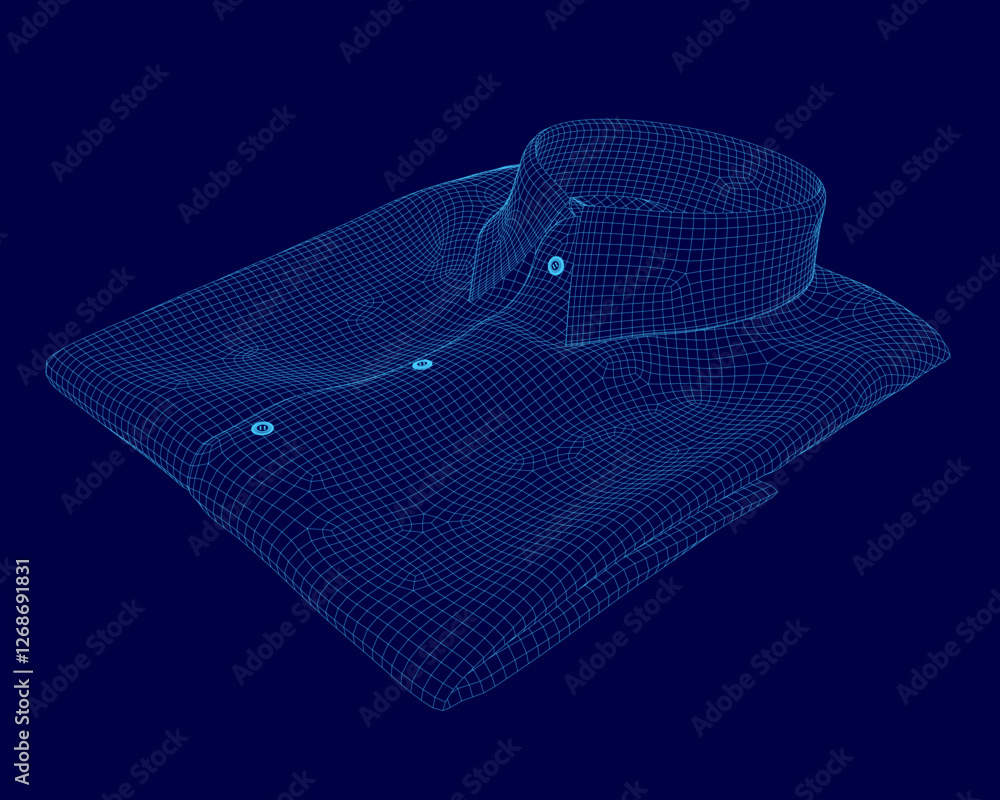 Poster a blue shirt with a white button is shown in a computer generated image. the shirt is folded and the