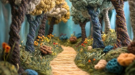 Fototapeta premium Whimsical Forest Path, a serene trail embraced by plush yarn trees and gently woven grass, inviting exploration and tranquility