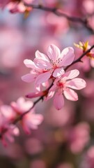 Fototapeta premium Soft delicate pink petals unfolding on a branch in morning light, gentle, serene