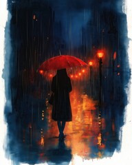 Watercolor, woman with umbrella in the rain, in an urban nightscape.