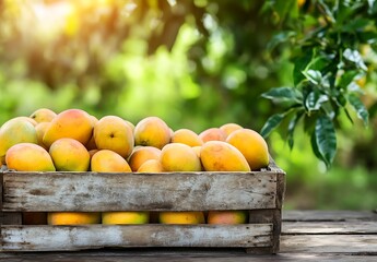 Mongoes in wooden crate in wooden table on a green mango field background