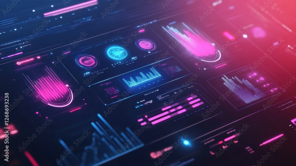 Aufkleber Digital data dashboard displays interactive graphs and charts in vibrant colors during late evening session. Generative AI