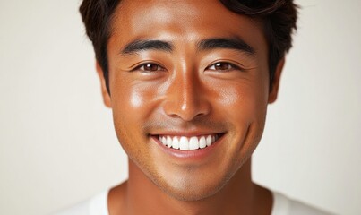 Fototapeta premium Smiling young man showcases bright smile and warmth in casual portrait