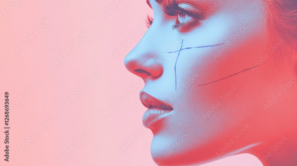 Fototapete artistic portrait showcasing a womans profile with abstract facial markings and a gradient backgroun