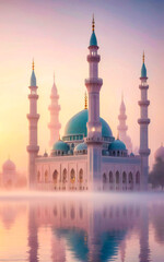 Obraz premium Dawn illuminates a mosque pastel hues bathe its minarets and domes delicate light beams weave