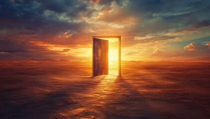 Open Door to a New Beginning: A Sunset Desert Landscape