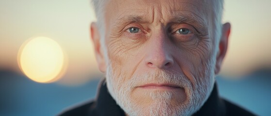 Elderly man with intense gaze and white beard against sunset backdrop exudes wisdom and contemplation in serene setting