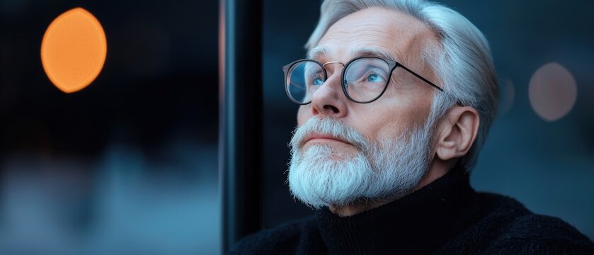 Elderly man gazing thoughtfully into the distance while seated near a window during twilight hours
