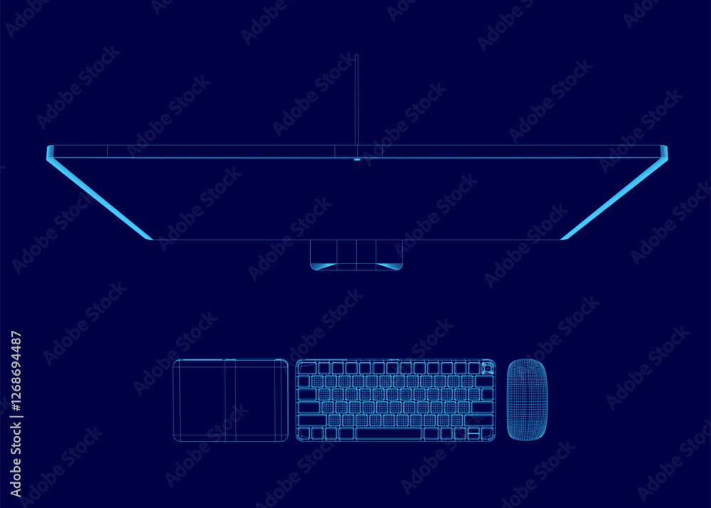 Aufkleber a blue computer monitor with a keyboard and a mouse. the monitor is a laptop. the keyboard is blue