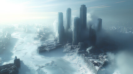 An image of Earth after a new ice age: entire cities frozen under layers of ice, collapsed skyscrapers peeking through thick glaciers. Blizzards obscure dystopian ruins. Photorealism 8K
