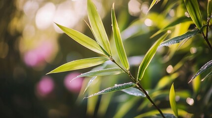 Vibrant bamboo leaf with dewdrops, soft sunlight, blurred flowers, embodying summer's refreshing simplicity.