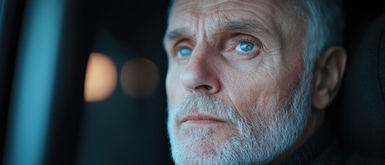 Mature man with light beard gazing thoughtfully outside during twilight in a cozy vehicle