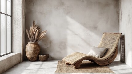 Elegant Interior Featuring a Stylish Chair Complemented by Beautifully Arranged Vases in a Bright Room Creating a Harmonious Atmosphere of Comfort and Sophisticated Design Aesthetic