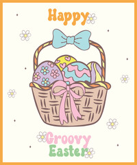 Groovy Easter eggs in the basket banner. Playful cartoon doodle animal character hand drawing.