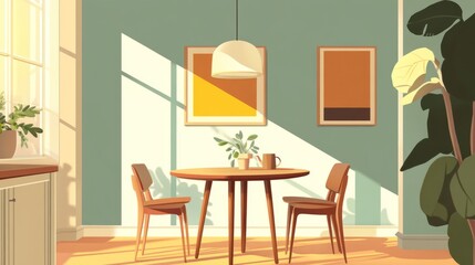 Cozy Cartoon Dining Room with Round Table and Pendant Light - Illustration