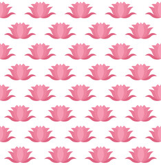 Seamless pattern featuring stylized lotus flowers in a soft pink hue against a clean white background. This serene and symmetrical design evokes a sense of tranquility and natural beauty