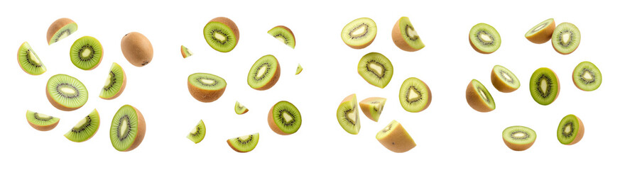 Fototapeta premium Fresh kiwi slices flying in air, showcasing vibrant green color and texture