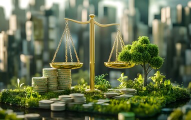 golden scale with money on one side and a green tree on the other, symbolizing the balance between economic growth