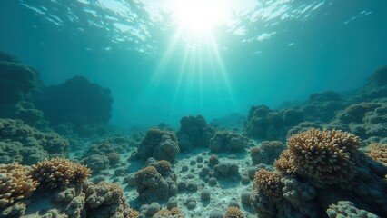Naklejka premium Underwater view of bleached coral skeletons on the ocean floor with sunlight rays above 