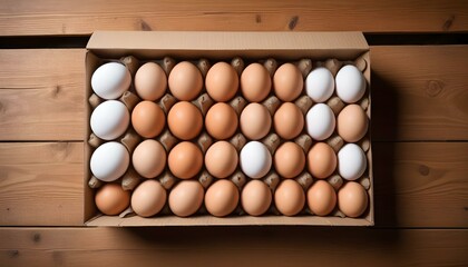 Dozen eggs in a cardboard box on a woodwn background