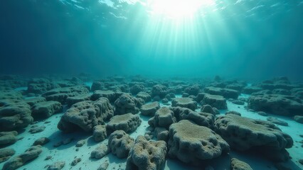 Fototapeta premium Underwater view of bleached coral skeletons on the ocean floor with sunlight rays above 