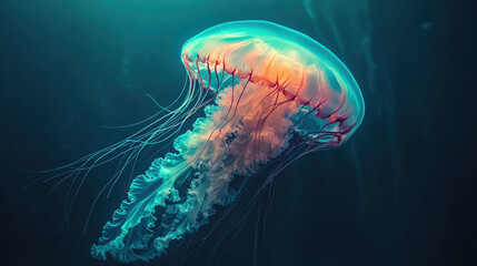 Fototapeta premium A photograph of a graceful, bioluminescent jellyfish with broad, flowing tentacles