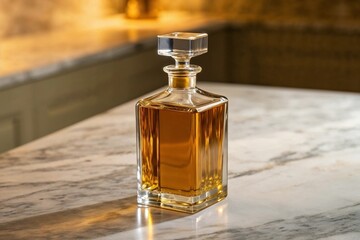 Premium square glass bottle mockup filled with golden liquid on marble countertop with warm lighting