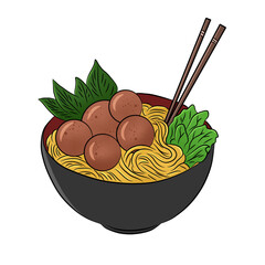 Illustration of meatball noodles isolated on a white background, cartoon vector.