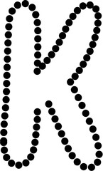 Vector illustration of uppercase letter K in dashed line style. Ideal for kids' tracing worksheets, coloring pages, and educational materials.