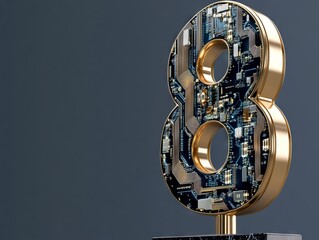 A gold number eight made of a circuit board on a marble base